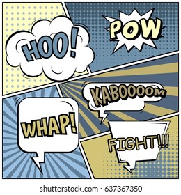 Abstract creative concept comic pop art style blank, layout template with clouds beams and isolated dots background. For sale banner, empty speech bubble set, vector illustration halftone book design