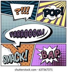 Abstract creative concept comic pop art style blank, layout template with clouds beams and isolated dots background. For sale banner, empty speech bubble set, vector illustration halftone book design