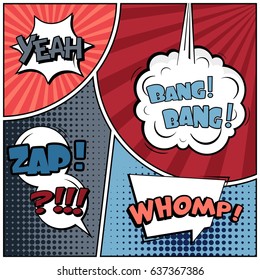 Abstract creative concept comic pop art style blank, layout template with clouds beams and isolated dots background. For sale banner, empty speech bubble set, vector illustration halftone book design