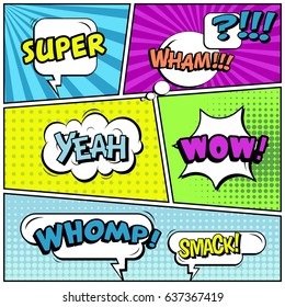 Abstract creative concept comic pop art style blank, layout template with clouds beams and isolated dots background. For sale banner, empty speech bubble set, vector illustration halftone book design