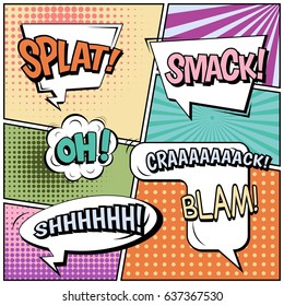 Abstract creative concept comic pop art style blank, layout template with clouds beams and isolated dots background. For sale banner, empty speech bubble set, vector illustration halftone book design