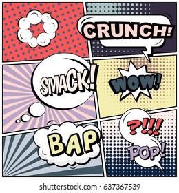 Abstract creative concept comic pop art style blank, layout template with clouds beams and isolated dots background. For sale banner, empty speech bubble set, vector illustration halftone book design