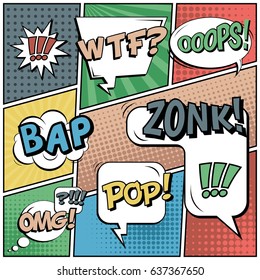 Abstract creative concept comic pop art style blank, layout template with clouds beams and isolated dots background. For sale banner, empty speech bubble set, vector illustration halftone book design