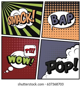 Abstract creative concept comic pop art style blank, layout template with clouds beams and isolated dots background. For sale banner, empty speech bubble set, vector illustration halftone book design