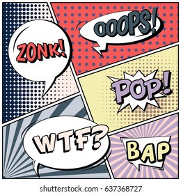 Abstract creative concept comic pop art style blank, layout template with clouds beams and isolated dots background. For sale banner, empty speech bubble set, vector illustration halftone book design