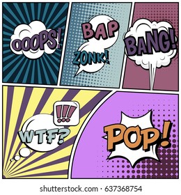 Abstract creative concept comic pop art style blank, layout template with clouds beams and isolated dots background. For sale banner, empty speech bubble set, vector illustration halftone book design
