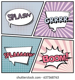 Abstract creative concept comic pop art style blank, layout template with clouds beams and isolated dots background. For sale banner, empty speech bubble set, vector illustration halftone book design