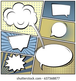 Abstract creative concept comic pop art style blank, layout template with clouds beams and isolated dots background. For sale banner, empty speech bubble set, vector illustration halftone book design