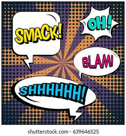 Abstract creative concept comic pop art style blank, layout template with clouds beams and isolated dots background. For sale banner, empty speech bubble set, vector illustration halftone book design