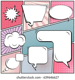 Abstract creative concept comic pop art style blank, layout template with clouds beams and isolated dots background. For sale banner, empty speech bubble set, vector illustration halftone book design