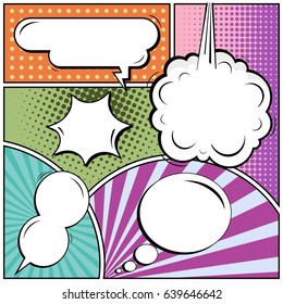 Abstract creative concept comic pop art style blank, layout template with clouds beams and isolated dots background. For sale banner, empty speech bubble set, vector illustration halftone book design