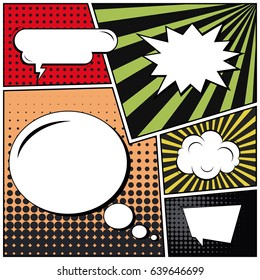 Abstract creative concept comic pop art style blank, layout template with clouds beams and isolated dots background. For sale banner, empty speech bubble set, vector illustration halftone book design