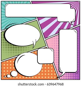 Concepto creativo Abstractas estilo de arte pop cómico en blanco, Plantilla de diseño con vigas de nubes y fondo de puntos aislados. En venta Anuncio, juego de burbujas de discurso vacío, diseño de libro de semitono de Ilustración vectorial