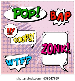 Abstract creative concept comic pop art style blank, layout template with clouds beams and isolated dots background. For sale banner, empty speech bubble set, vector illustration halftone book design