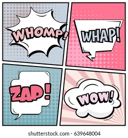 Abstract creative concept comic pop art style blank, layout template with clouds beams and isolated dots background. For sale banner, empty speech bubble set, vector illustration halftone book design