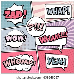 Abstract creative concept comic pop art style blank, layout template with clouds beams and isolated dots background. For sale banner, empty speech bubble set, vector illustration halftone book design