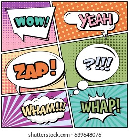 Abstract creative concept comic pop art style blank, layout template with clouds beams and isolated dots background. For sale banner, empty speech bubble set, vector illustration halftone book design