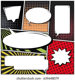 Abstract Creative Concept Comic Pop Art Style Blank, Layout Template With Clouds Beams And Isolated Dots Background. For Sale Banner, Empty Speech Bubble Set, Vector Illustration Halftone Book Design