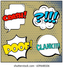 Abstract creative concept comic pop art style blank, layout template with clouds beams and isolated dots background. For sale banner, empty speech bubble set, vector illustration halftone book design