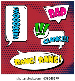Abstract creative concept comic pop art style blank, layout template with clouds beams and isolated dots background. For sale banner, empty speech bubble set, vector illustration halftone book design