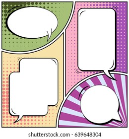 Abstract creative concept comic pop art style blank, layout template with clouds beams and isolated dots background. For sale banner, empty speech bubble set, vector illustration halftone book design