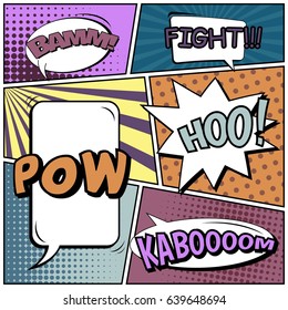 Abstract creative concept comic pop art style blank, layout template with clouds beams and isolated dots background. For sale banner, empty speech bubble set, vector illustration halftone book design