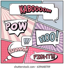 Abstract creative concept comic pop art style blank, layout template with clouds beams and isolated dots background. For sale banner, empty speech bubble set, vector illustration halftone book design