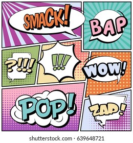 Abstract creative concept comic pop art style blank, layout template with clouds beams and isolated dots background. For sale banner, empty speech bubble set, vector illustration halftone book design