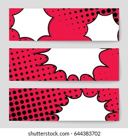 Abstract creative concept comic pop art style blank, layout template with clouds beams and isolated dots background. For sale banner, empty speech bubble set, vector illustration halftone book design