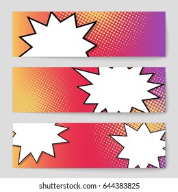 Abstract creative concept comic pop art style blank, layout template with clouds beams and isolated dots background. For sale banner, empty speech bubble set, vector illustration halftone book design