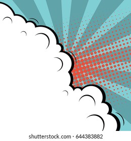 Abstract creative concept comic pop art style blank, layout template with clouds beams and isolated dots background. For sale banner, empty speech bubble set, vector illustration halftone book design