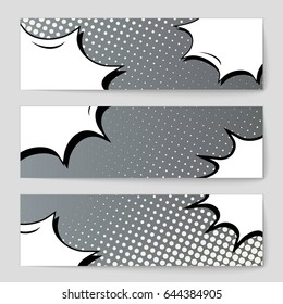 Abstract creative concept comic pop art style blank, layout template with clouds beams and isolated dots background. For sale banner, empty speech bubble set, vector illustration halftone book design