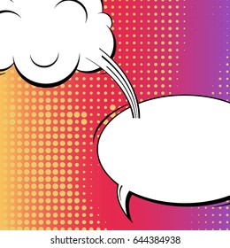 Abstract creative concept comic pop art style blank, layout template with clouds beams and isolated dots background. For sale banner, empty speech bubble set, vector illustration halftone book design