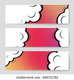 Abstract creative concept comic pop art style blank, layout template with clouds beams and isolated dots background. For sale banner, empty speech bubble set, vector illustration halftone book design