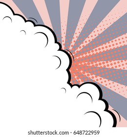 Abstract creative concept comic pop art style blank, layout template with clouds beams and isolated dots background. For sale banner, empty speech bubble set, vector illustration halftone book design