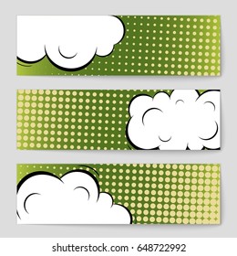 Abstract creative concept comic pop art style blank, layout template with clouds beams and isolated dots background. For sale banner, empty speech bubble set, vector illustration halftone book design