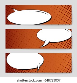 Abstract creative concept comic pop art style blank, layout template with clouds beams and isolated dots background. For sale banner, empty speech bubble set, vector illustration halftone book design