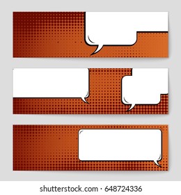 Abstract creative concept comic pop art style blank, layout template with clouds beams and isolated dots background. For sale banner, empty speech bubble set, vector illustration halftone book design