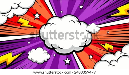 Abstract creative concept comic pop art style blank, layout template with clouds beams and isolated dots background. empty speech bubble, vector illustration halftone book design