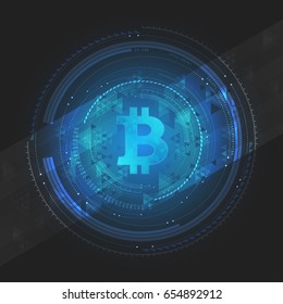 Abstract creative concept of digital sign bitcoin. Luminous modern mandala from lines, numbers, star and geometric forms on dark gray background with blue light.