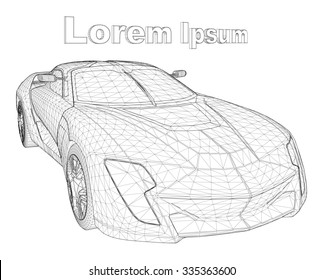 Abstract Creative concept vector background of 3d car model. Sports car. Powerful racing car. Ring race. Fast sports coupe. Illustration of the lines. Polygonal model. Wheels on forged discs.