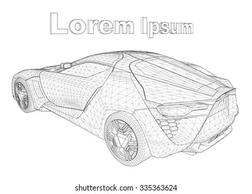 Abstract Creative concept vector background of 3d car model. Sports car. Powerful racing car. Ring race. Fast sports coupe. Illustration of the lines. Polygonal model. Wheels on forged discs.