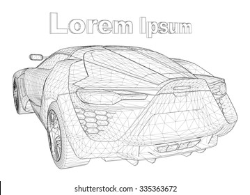Abstract Creative concept vector background of 3d car model. Sports car. Powerful racing car. Ring race. Fast sports coupe. Illustration of the lines. Polygonal model. Wheels on forged discs.