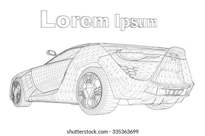 Abstract Creative concept vector background of 3d car model. Sports car. Powerful racing car. Ring race. Fast sports coupe. Illustration of the lines. Polygonal model. Wheels on forged discs.
