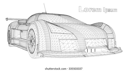 Abstract Creative concept vector background of 3d car model. Sports car. Powerful racing car. Ring race. Fast sports coupe. Illustration of the lines. Polygonal model. Wheels on forged discs.