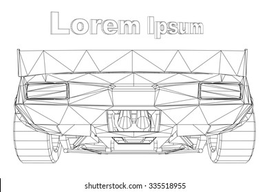 Abstract Creative concept vector background of 3d car model. Sports car. Powerful racing car. Ring race. Fast sports coupe. Illustration of the lines. Polygonal model. Wheels on forged discs.