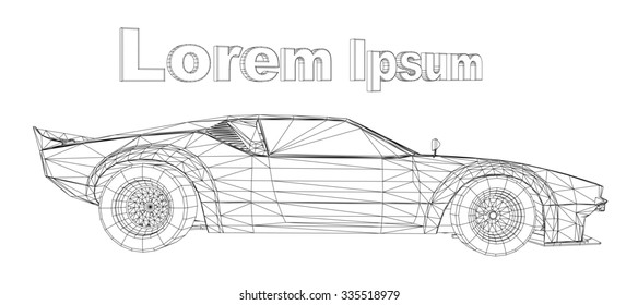 Abstract Creative concept vector background of 3d car model. Sports car. Powerful racing car. Ring race. Fast sports coupe. Illustration of the lines. Polygonal model. Wheels on forged discs.