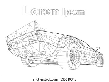 Abstract Creative concept vector background of 3d car model. Sports car. Powerful racing car. Ring race. Fast sports coupe. Illustration of the lines. Polygonal model. Wheels on forged discs.