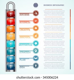 Concepto abstracto Infografía empresarial vectorial, candado de plantilla con ocho teclados y teclas, lugar para el texto de 8 posiciones