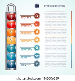 Abstract Creative concept vector business infographics, template padlock with seven keyholes and keys, place for text of 7 positions